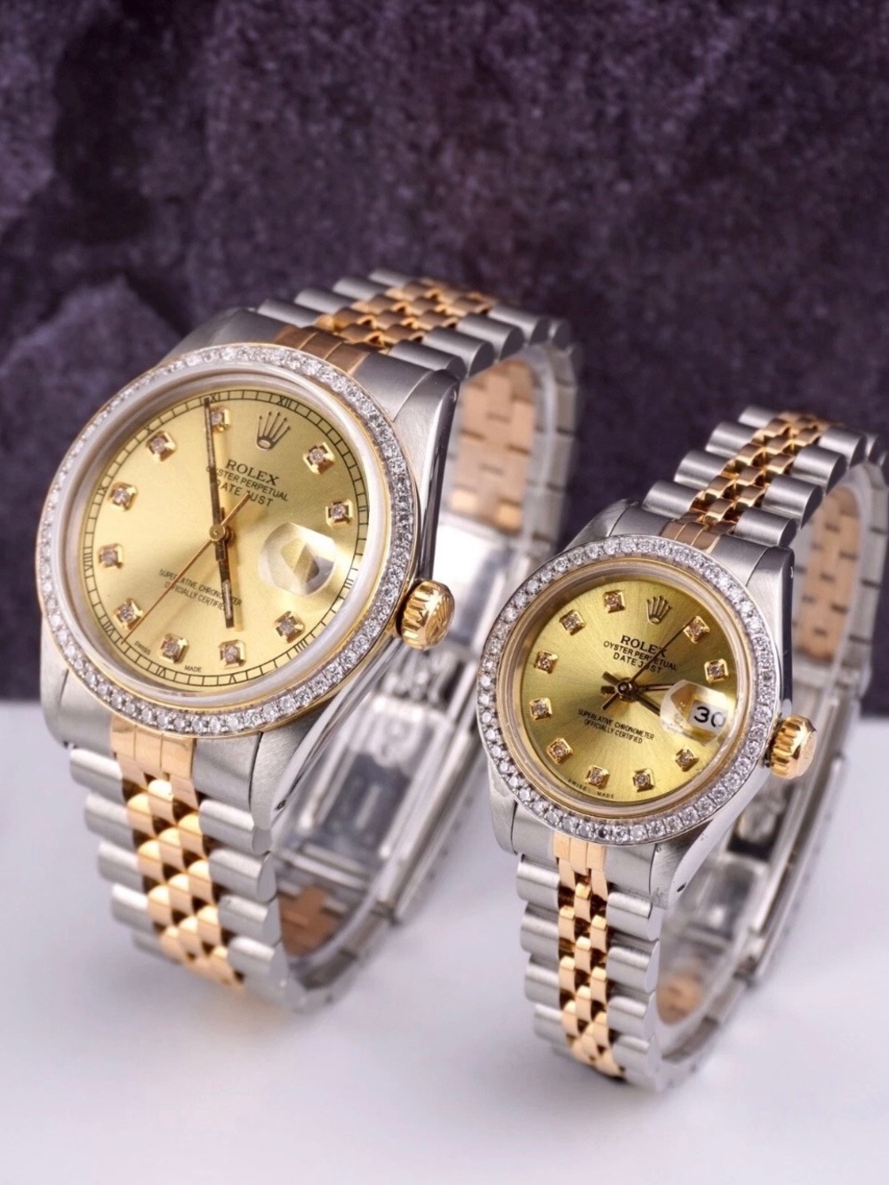 Rolex Set Datejust 26/36mm 18k Yellow Gold & Steel ICED 1.5ct Diamond Gold Dial